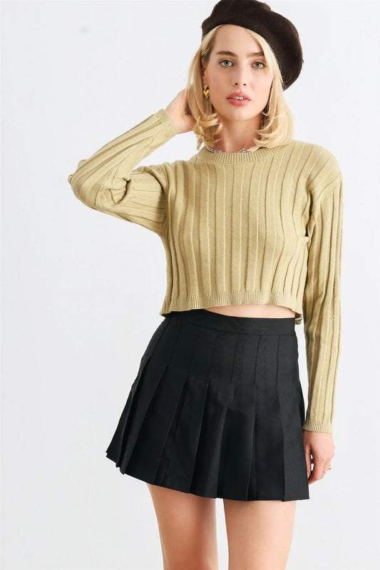 Light Olive Ribbed Long Sleeve Open Tie Back Crop Top /1-2-2-1 - Tasha Apparel Wholesale