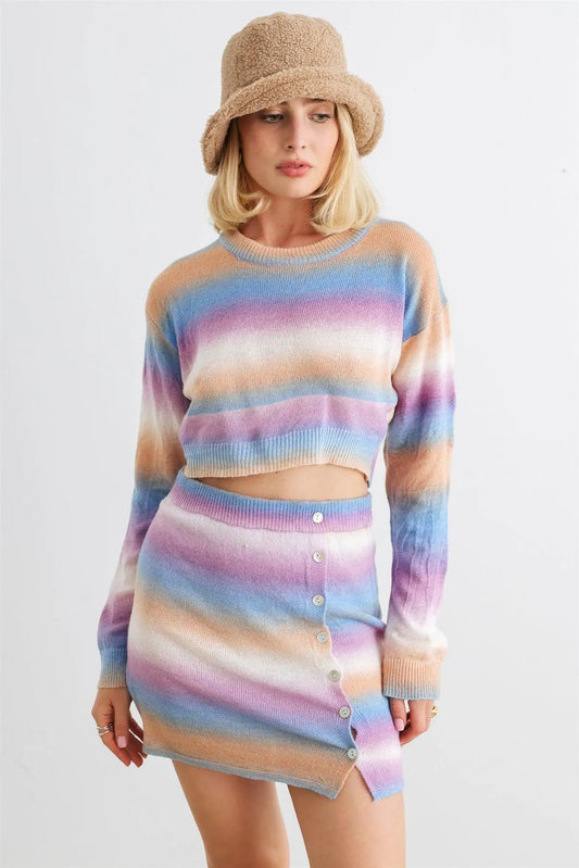 Knit Tie Back Sweater & High Waist Button Side Mini Skirt Set - Tasha Apparel Wholesale