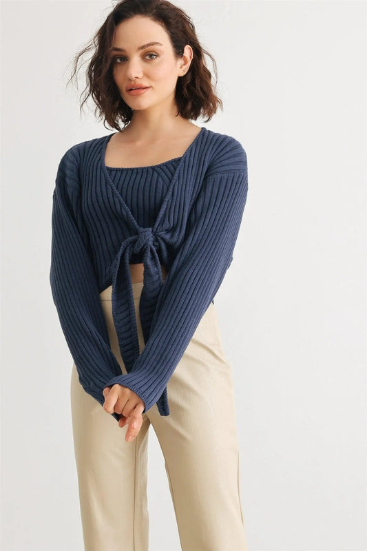 Dark Blue Cotton Ribbed Sleeveless Crop Top & Long Sleeve Self-Tie Cover-Up Set /1-2-2-1 - Tasha Apparel Wholesale