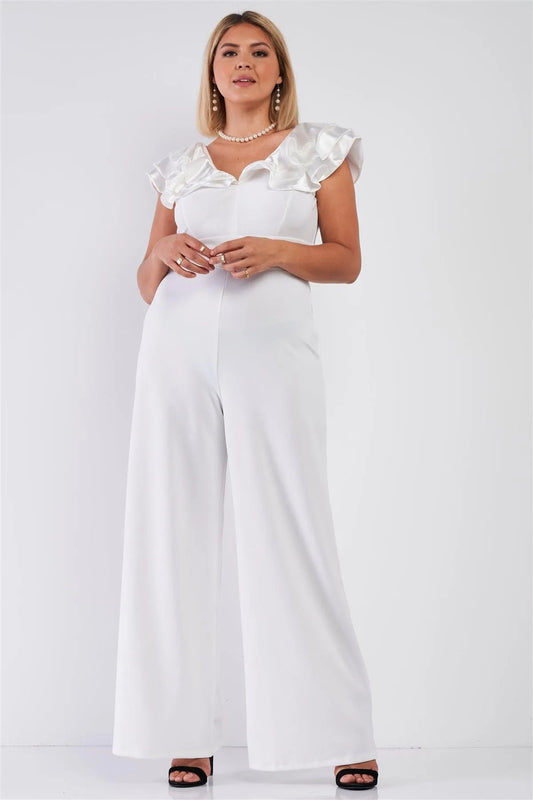 Junior Plus Ivory Sleeveless Satin Ruffle Shoulder Detail V-Neck Wide Leg Jumpsuit /1-1-1 - Tasha Apparel Wholesale