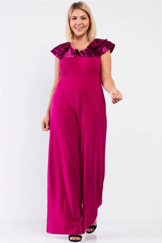 Junior Plus Berry Pink Sleeveless Satin Ruffle Shoulder Detail V-Neck Wide Leg Jumpsuit /1-1-1 - Tasha Apparel Wholesale