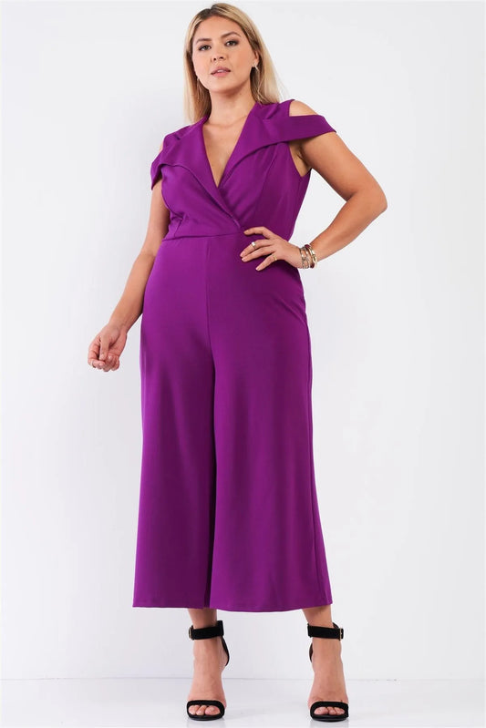 Junior Plus Magenta Sleeveless Collared Plunging V-Neck Wide Leg Jumpsuit /1-1-1 - Tasha Apparel Wholesale