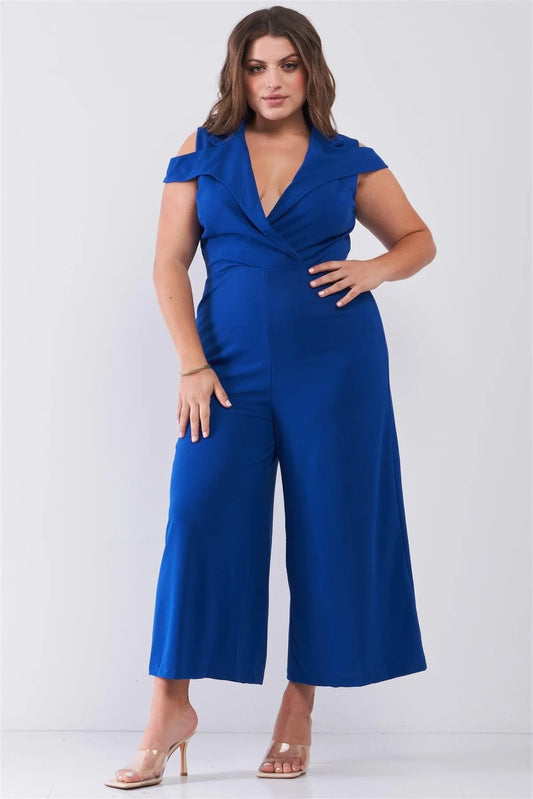 Junior Plus Royal Blue Sleeveless Collared Plunging V-Neck Wide Leg Jumpsuit - Tasha Apparel Wholesale