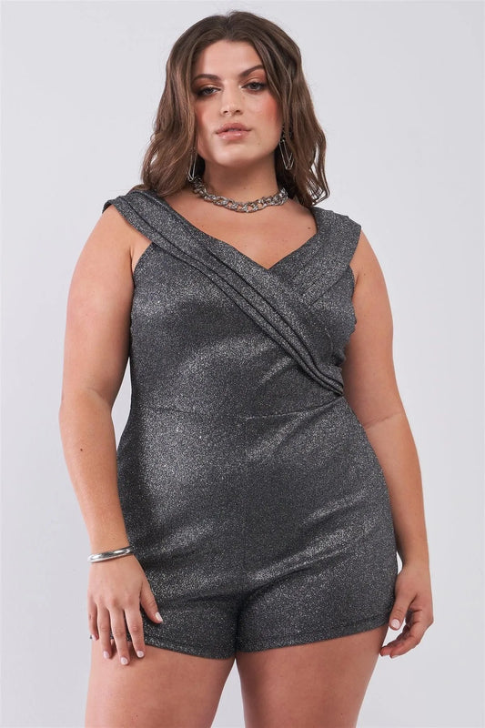 Junior Plus Black Sleeveless Bateau Neck Pleated Wrap Detail Fitted Romper /1-1-1 - Tasha Apparel Wholesale