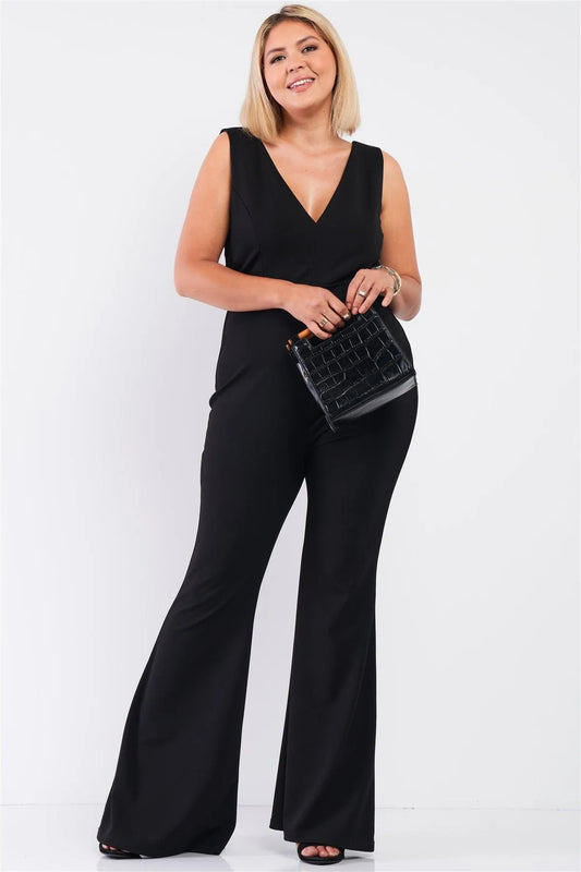 Junior Plus Black Sleeveless Deep Plunge V-Neck Wide Leg Jumpsuit /1-1-1 - Tasha Apparel Wholesale