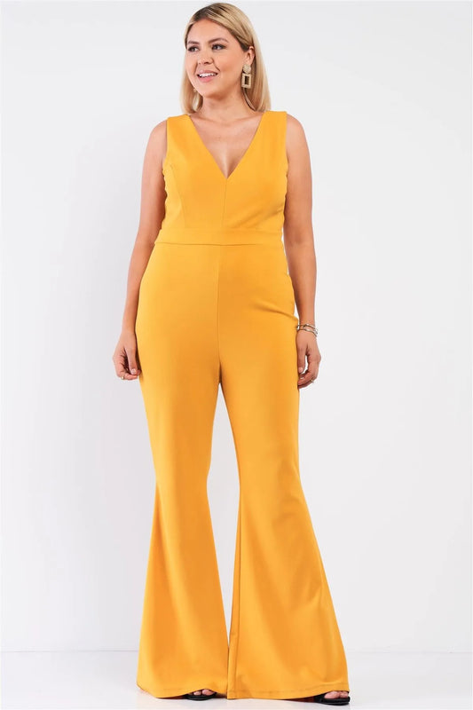 Junior Plus Mustard Sleeveless Deep Plunge V-Neck Wide Leg Jumpsuit - Tasha Apparel Wholesale