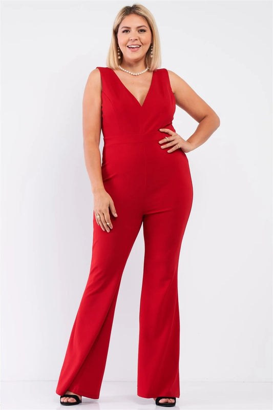 Junior Plus Red Sleeveless Deep Plunge V-Neck Wide Leg Jumpsuit /1-1-1 - Tasha Apparel Wholesale