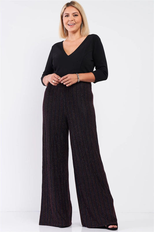 Get Your Sparkle On! Junior Plus Black Multicolor Glitter Detail V-Neck Midi Sleeve Wide Leg Jumpsuit /1-1-1 - Tasha Apparel Wholesale