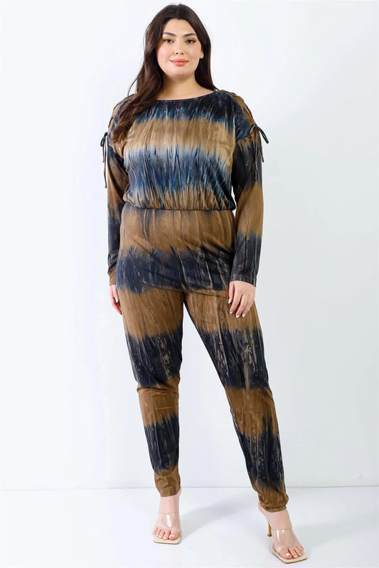 Junior Plus Indigo Brown Tie-Dye Lace Up Shoulder Details Back Wrap Cut-Out Jumpsuit /1-1-1 - Tasha Apparel Wholesale