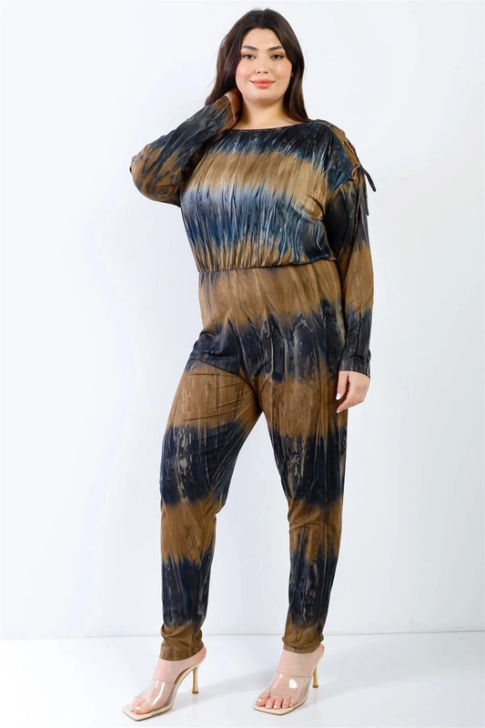 Junior Plus Indigo Brown Tie-Dye Lace Up Shoulder Details Back Wrap Cut-Out Jumpsuit /3-1 - Tasha Apparel Wholesale
