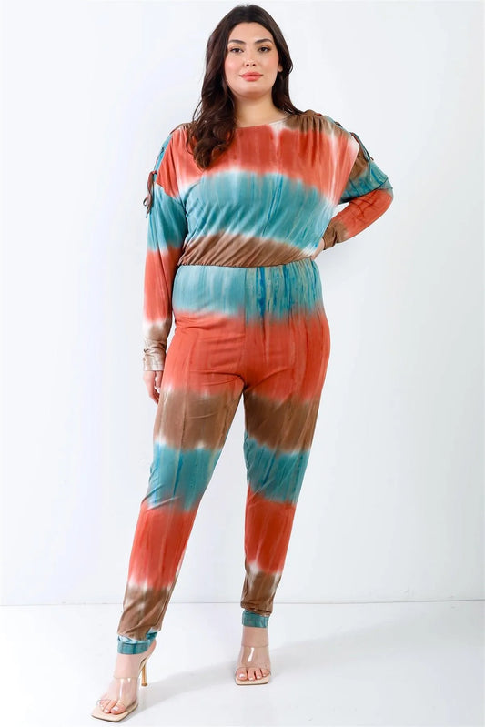 Junior Plus Rust Mocha Tie-Dye Lace Up Shoulder Details Back Wrap Cut-Out Jumpsuit /1-1-1 - Tasha Apparel Wholesale