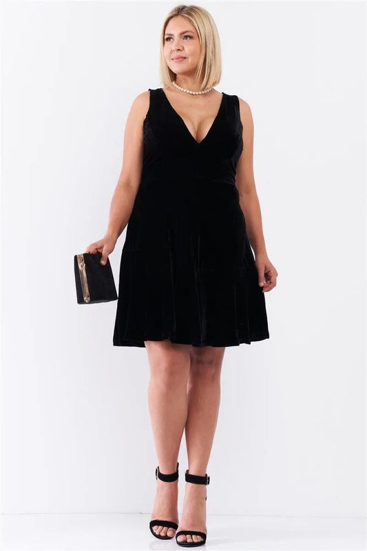 Junior Plus Size Black Velvet Sleeveless Deep Plunge V-Neck Swing Bottom Dress - Tasha Apparel Wholesale