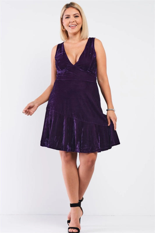 Junior Plus Size Purple Velvet Sleeveless Deep Plunge V-Neck Swing Bottom Dress /2-2-2 - Tasha Apparel Wholesale