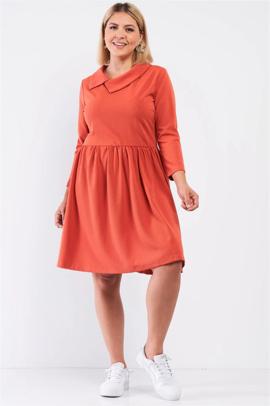 Junior Plus Ginger Pleated Preppy Fit & Flare Long Sleeve Asymmetrical Peter Pan Collar Mini Dress /1-1-2 - Tasha Apparel Wholesale