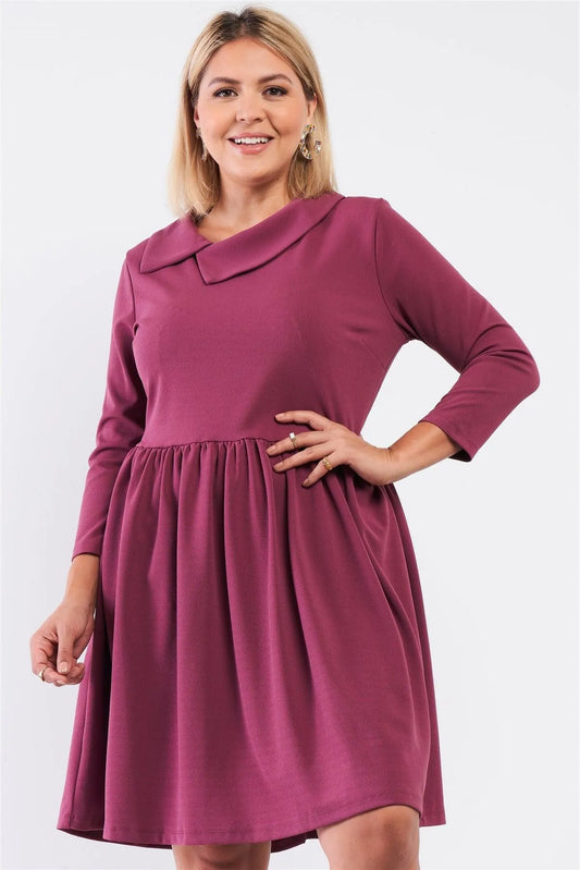 Junior Plus Mauve Pleated Preppy Fit & Flare Long Sleeve Asymmetrical Peter Pan Collar Mini Dress /1-2-3 - Tasha Apparel Wholesale