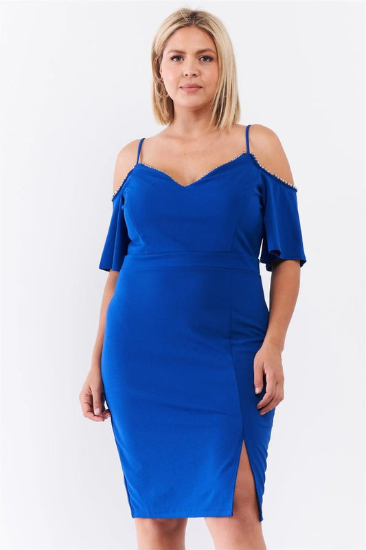 Junior Plus Royal Blue Off-The-Shoulder Silver Ball Beaded Hem Mini Dress /1-1-1 - Tasha Apparel Wholesale