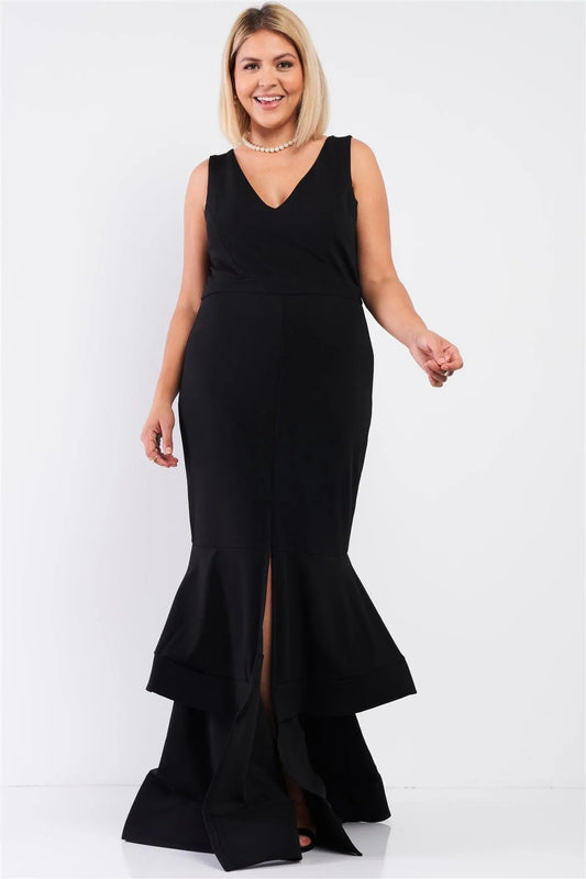 Junior Plus Black Sleeveless V-Neck Front Slip Layered Flare Hem Maxi Mermaid Dress /1-1-1 - Tasha Apparel Wholesale
