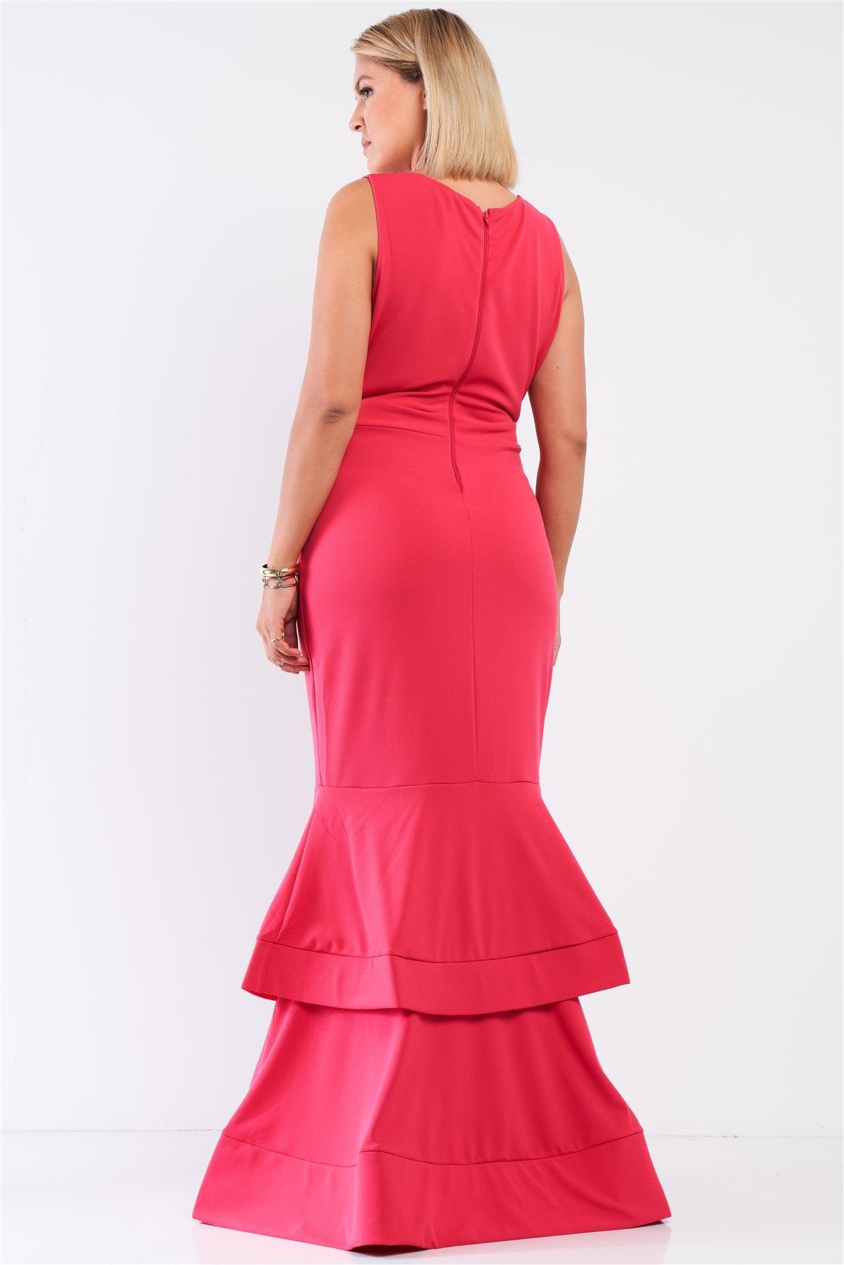 Junior Plus Coral-Pink Sleeveless V-Neck Front Slip Layered Flare Hem Maxi Mermaid Dress /1-1-1