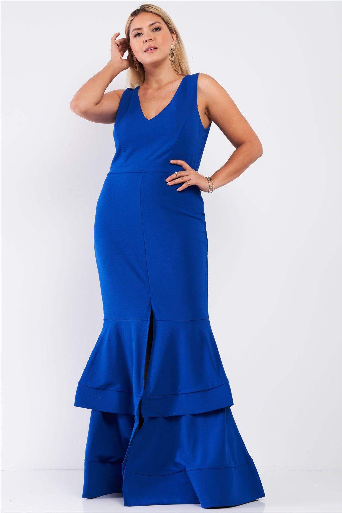 Junior Plus Royal Blue Sleeveless V-Neck Front Slip Layered Flare Hem Maxi Mermaid Dress /1-1-1