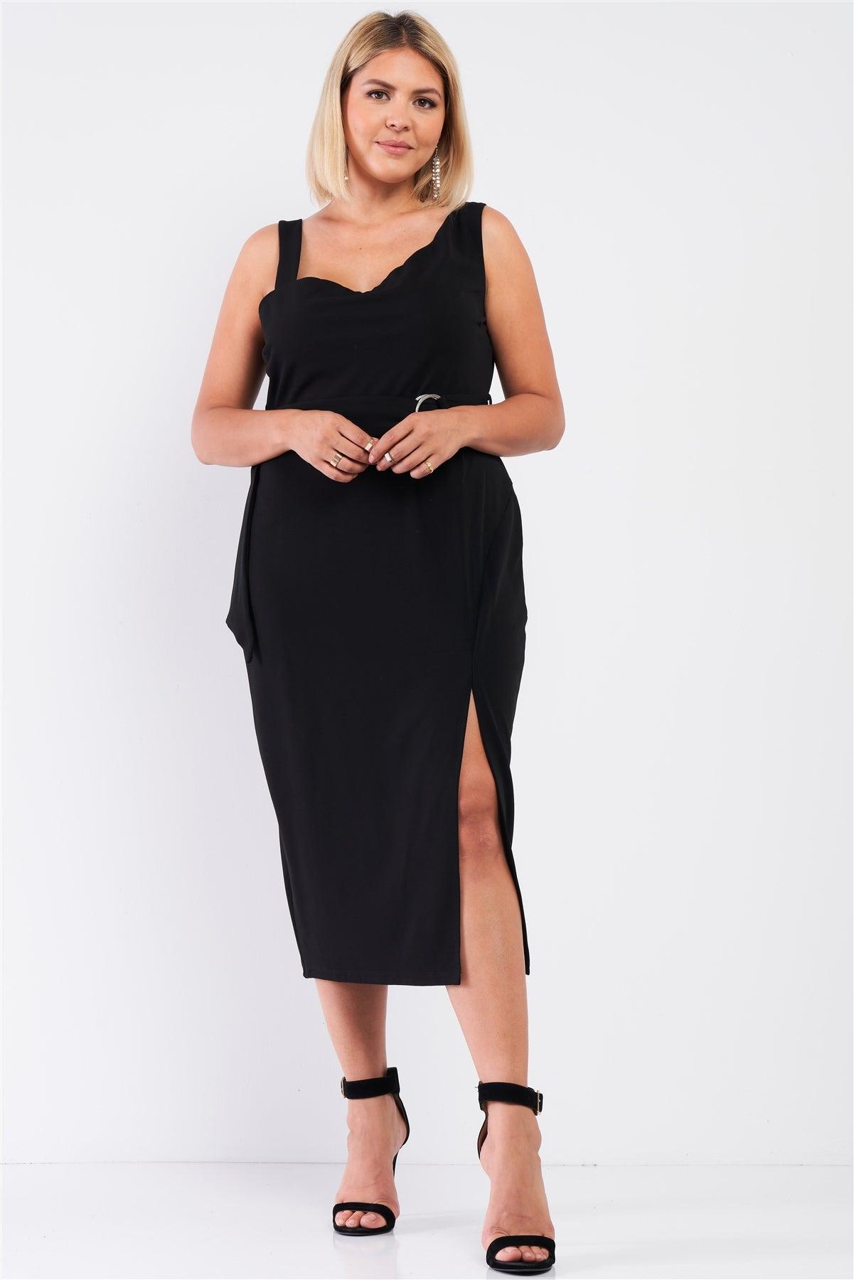 Junior Plus Black Sleeveless Asymmetrical Shoulder Front Slit Detail Belted Dress /1-1-1