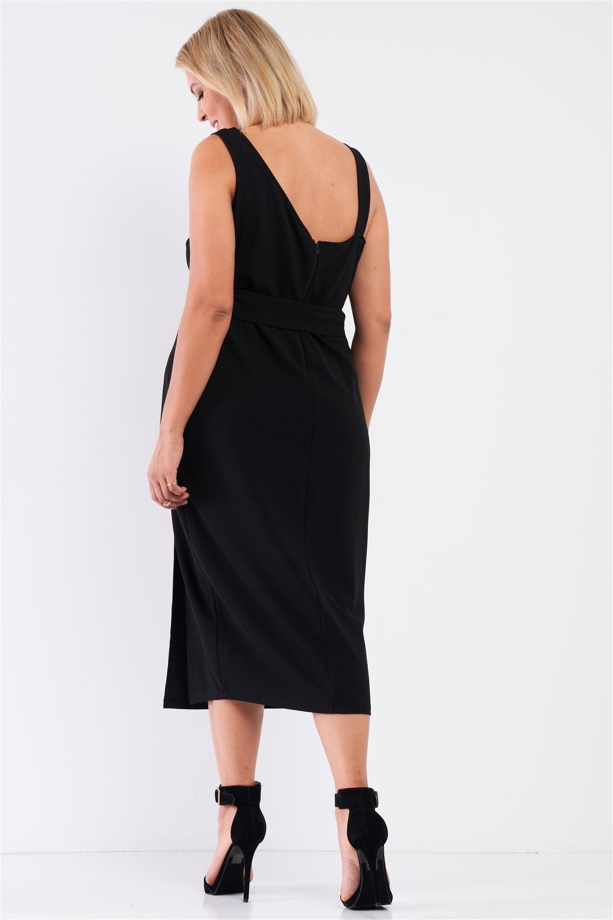Junior Plus Black Sleeveless Asymmetrical Shoulder Front Slit Detail Belted Dress /2-1
