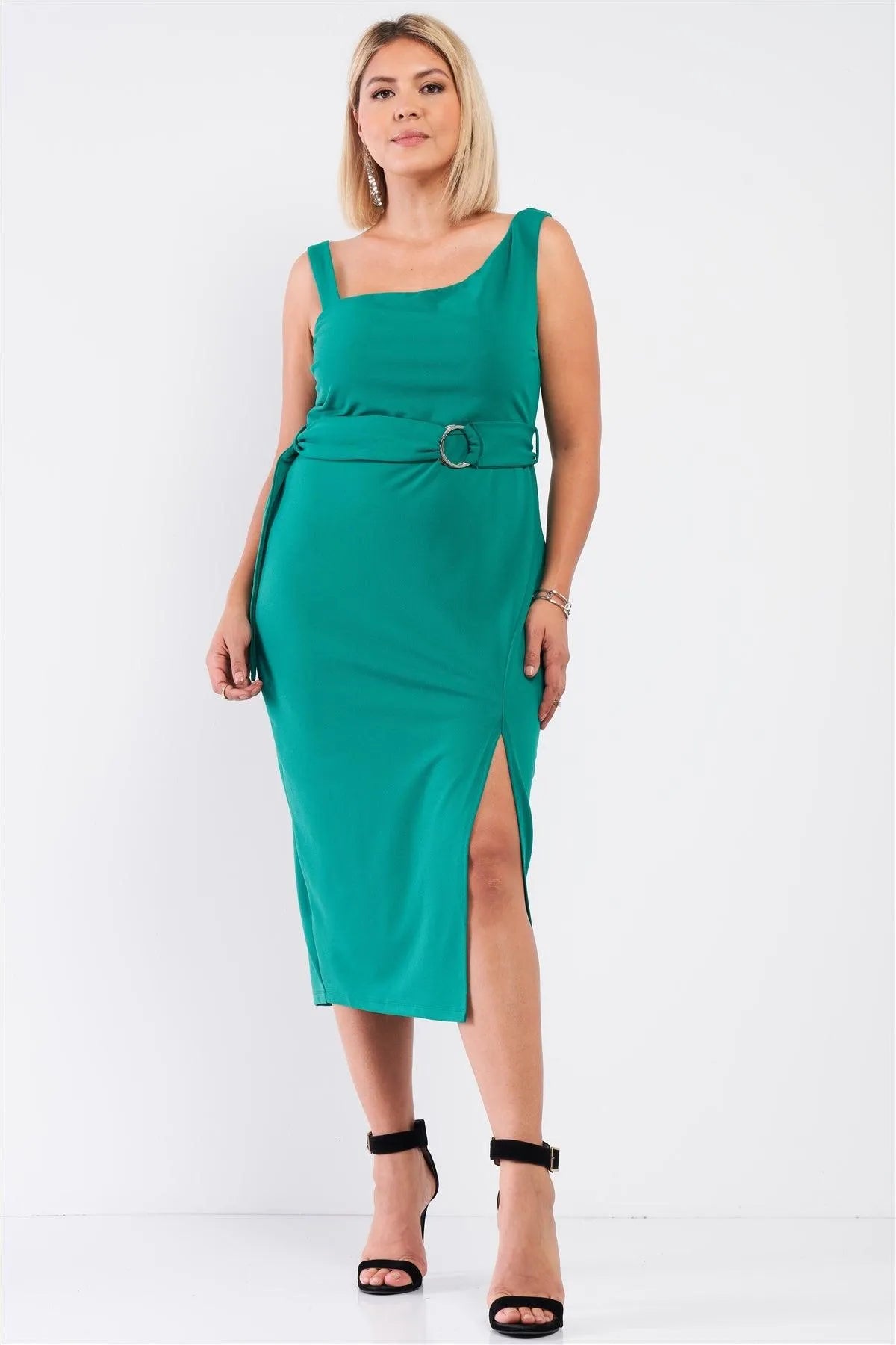 Junior Plus Sea Green Sleeveless Asymmetrical Shoulder Front Slit Detail Belted Dress /1-1-1 - Tasha Apparel Wholesale