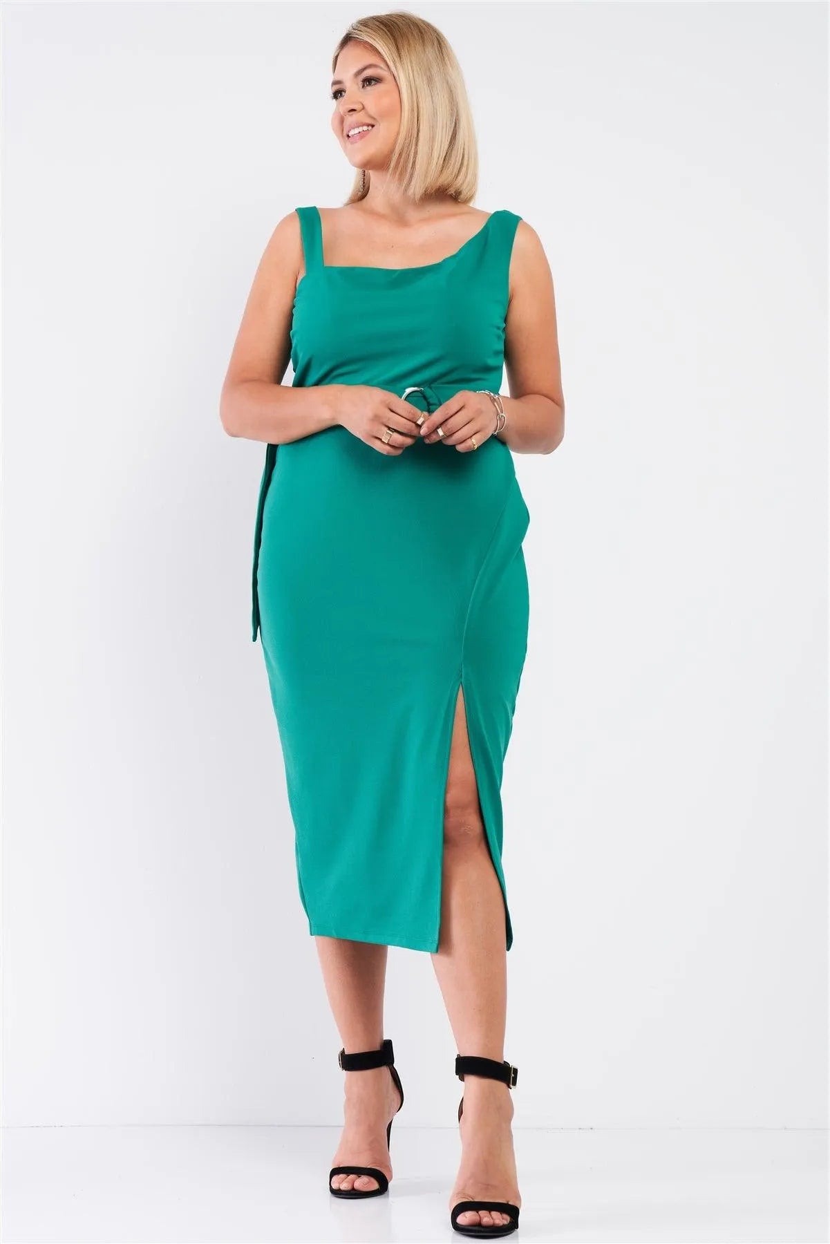 Junior Plus Sea Green Sleeveless Asymmetrical Shoulder Front Slit Detail Belted Dress /1-1-1 - Tasha Apparel Wholesale