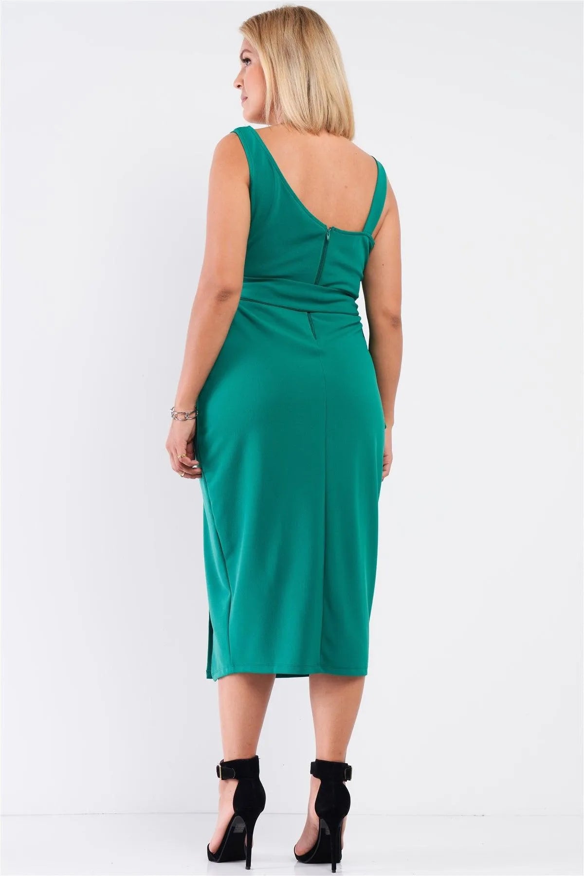 Junior Plus Sea Green Sleeveless Asymmetrical Shoulder Front Slit Detail Belted Dress /1-1-1 - Tasha Apparel Wholesale