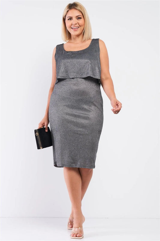 Junior Plus Black Night Sky Shimmer Sleeveless Layered Dress /3-2-1 - Tasha Apparel Wholesale