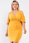 Junior Plus Mustard Yellow Off-The-Shoulder Plunging Wrap V-Neck Fitted Mini Dress /1-1-1