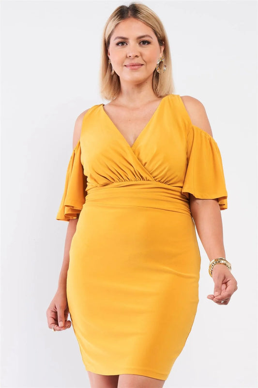 Junior Plus Mustard Yellow Off-The-Shoulder Plunging Wrap V-Neck Fitted Mini Dress /1-1-1 - Tasha Apparel Wholesale