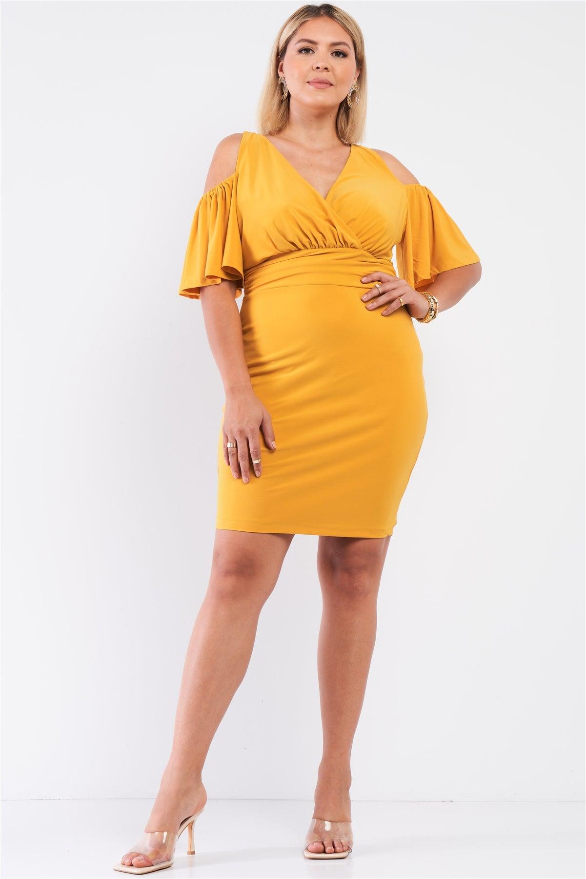 Junior Plus Mustard Yellow Off-The-Shoulder Plunging Wrap V-Neck Fitted Mini Dress /1-1-1