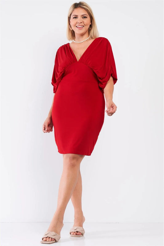 Junior Plus Red Ruched Short Sleeve V-Neck Empire Waist Mini Dress /1-1-1 - Tasha Apparel Wholesale