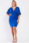 Junior Plus Royal Blue Ruched Short Sleeve V-Neck Empire Waist Mini Dress /2-2