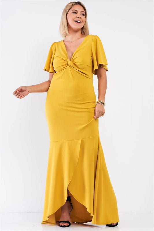 Junior Plus Tealeaf Mustard V-Neck Angel Sleeve Wrap Twist Bottom Wrap Mermaid Tail Maxi Dress /1-1-1 - Tasha Apparel Wholesale