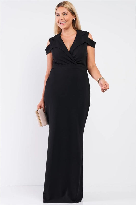 Junior Plus Black Sleeveless Collared Plunging V-Neck Maxi Dress /1-1-1 - Tasha Apparel Wholesale