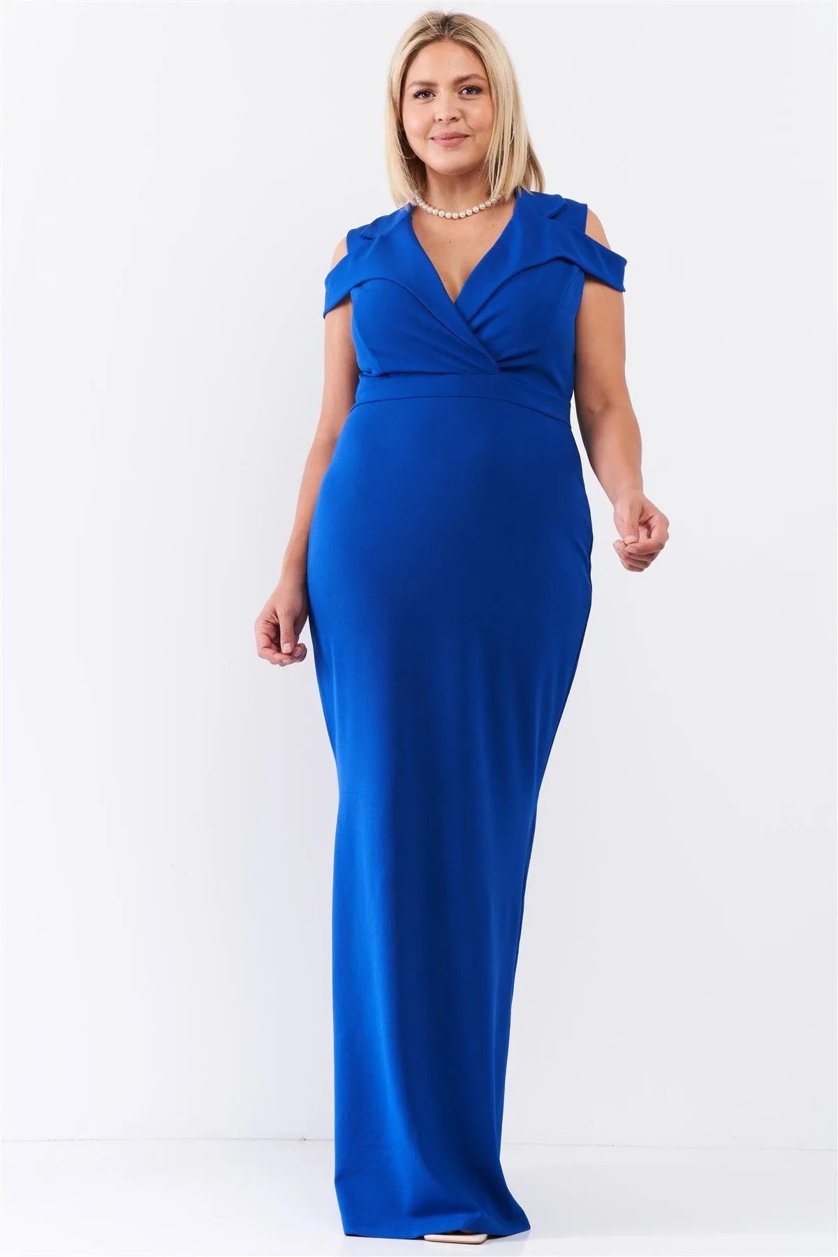Junior Plus Royal Sleeveless Collared Plunging V-Neck Maxi Dress /1-1-1 - Tasha Apparel Wholesale