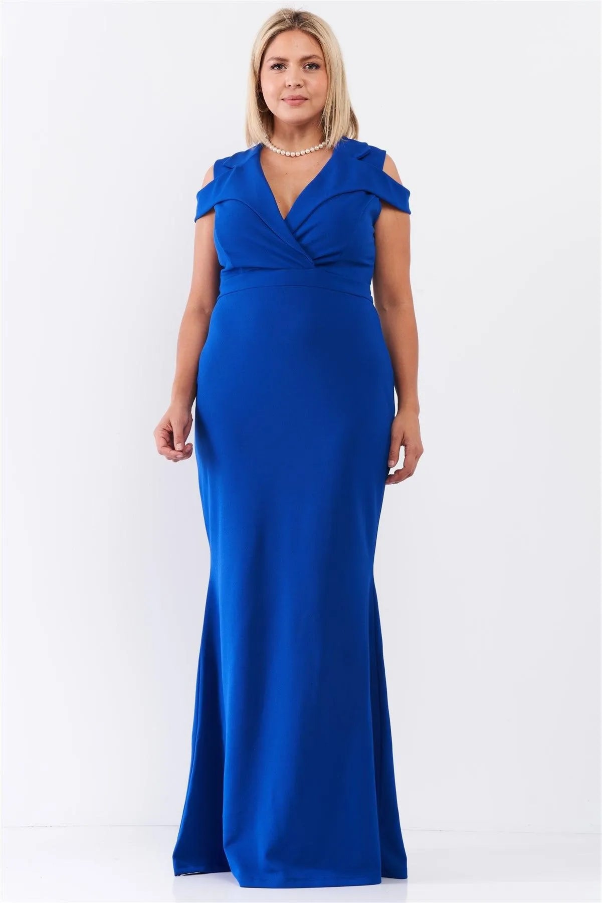 Junior Plus Royal Sleeveless Collared Plunging V-Neck Maxi Dress /1-1-1 - Tasha Apparel Wholesale