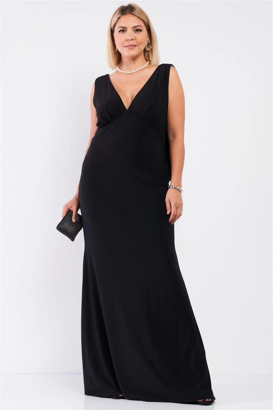 Junior Plus Black Draped Back V-Neck Sleeveless Maxi Dress /1-1-1 - Tasha Apparel Wholesale