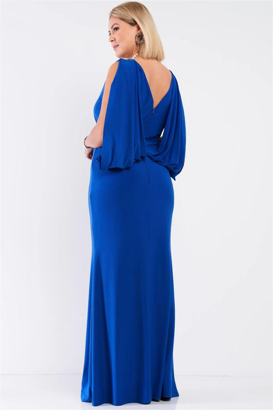 Junior Plus Royal Blue Drapd Back V-Neck Sleeveless Maxi Dress /1-1-1 - Tasha Apparel Wholesale