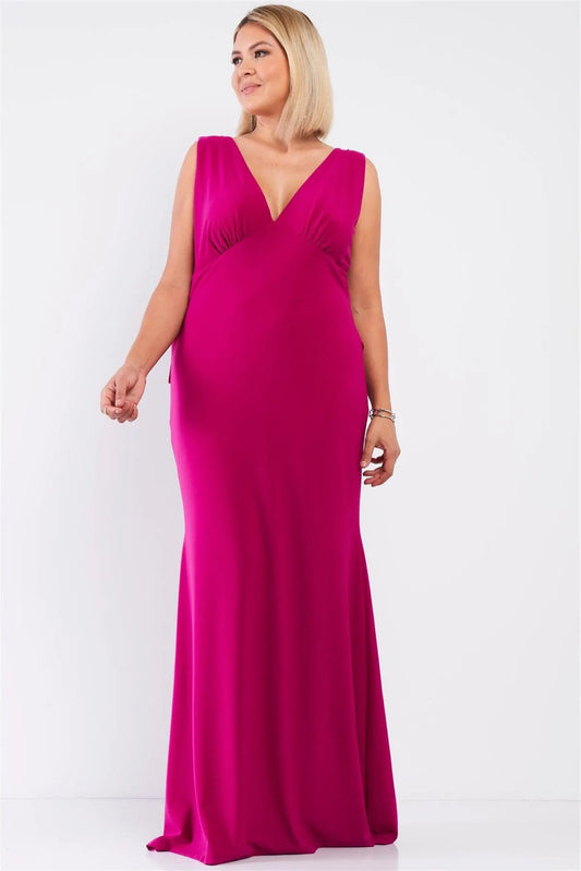 Junior Plus Very-Berry Draped Back V-Neck Sleeveless Maxi Dress /1-1-1 - Tasha Apparel Wholesale