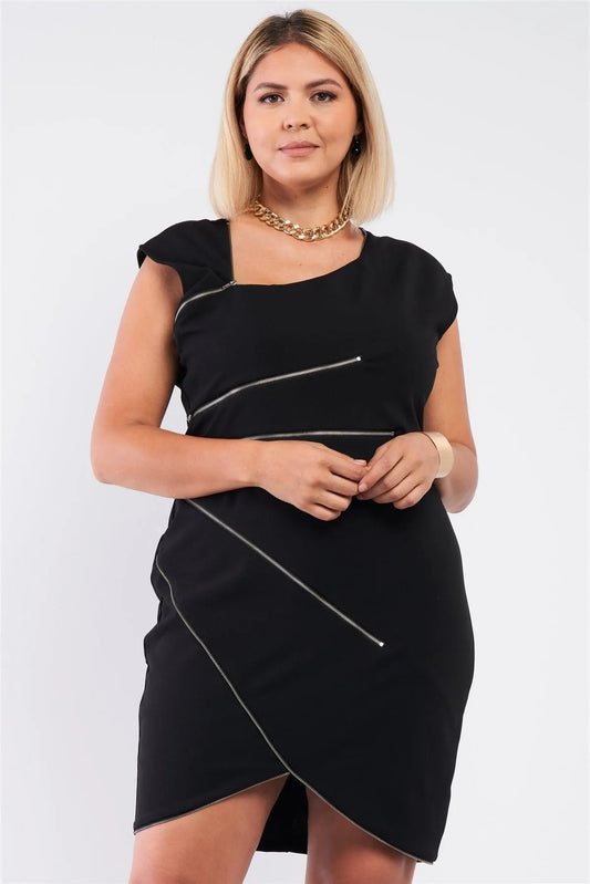 Junior Plus Black Asymmetrical Neck Cross Zipper Front Detail Mini Dress /1-1-1 - Tasha Apparel Wholesale