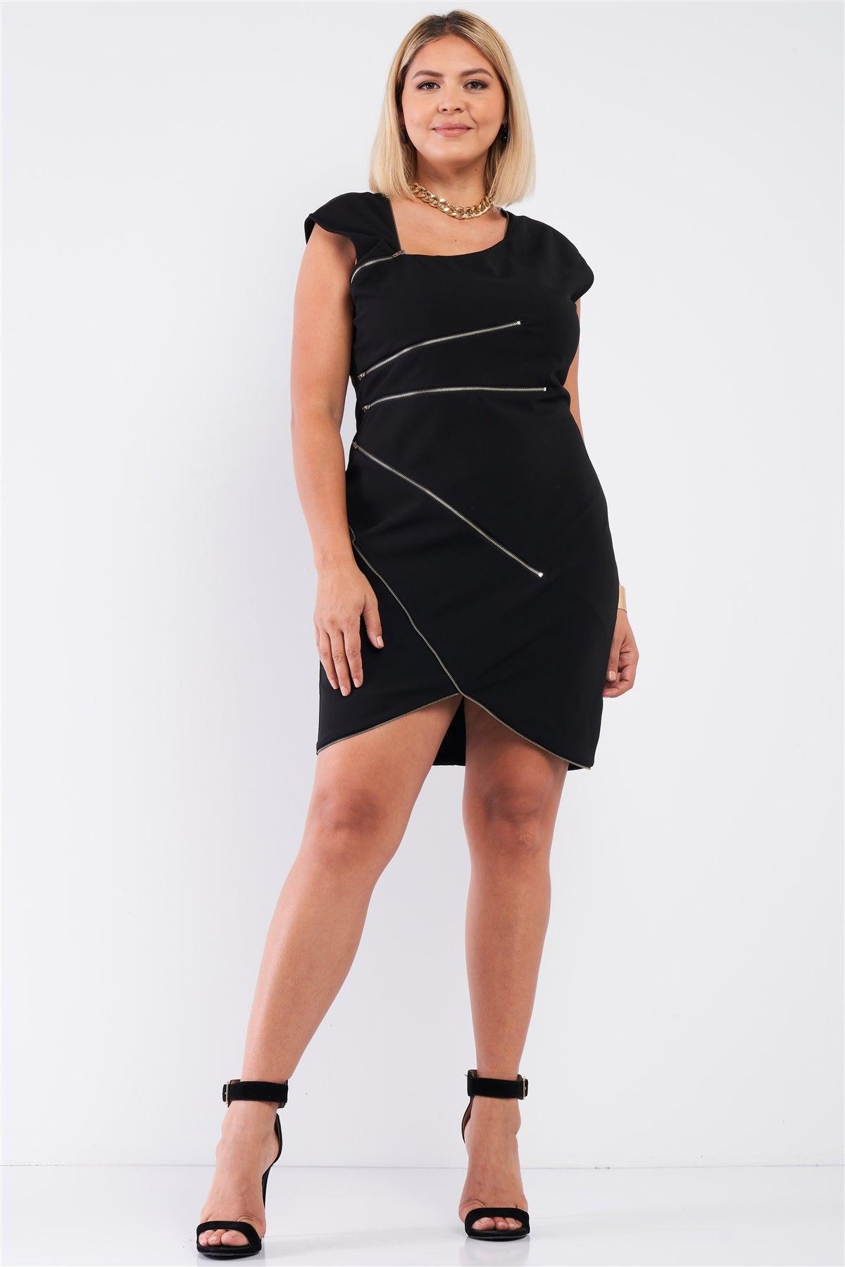 Junior Plus Black Asymmetrical Neck Cross Zipper Front Detail Mini Dress /1-1-1