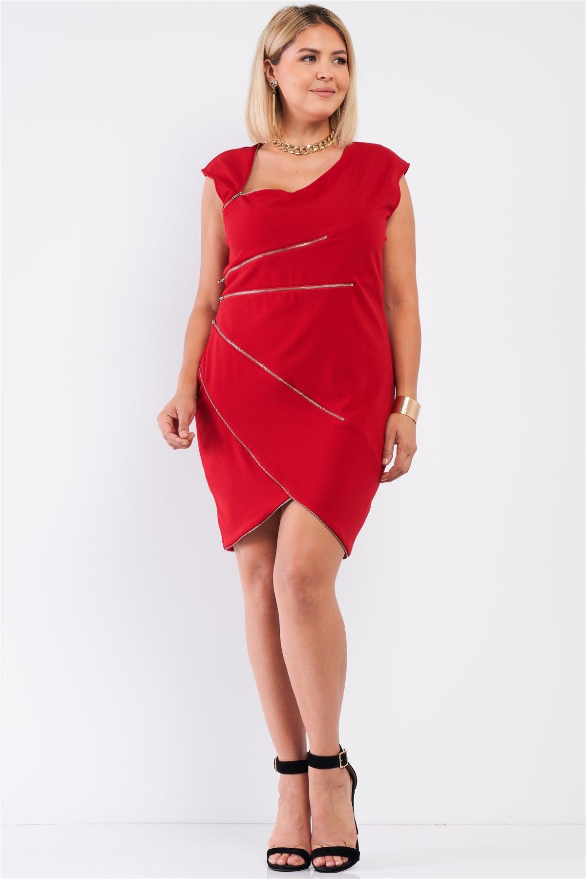 Junior Plus Red Asymmetrical Neck Cross Zipper Front Detail Mini Dress /1-1-1