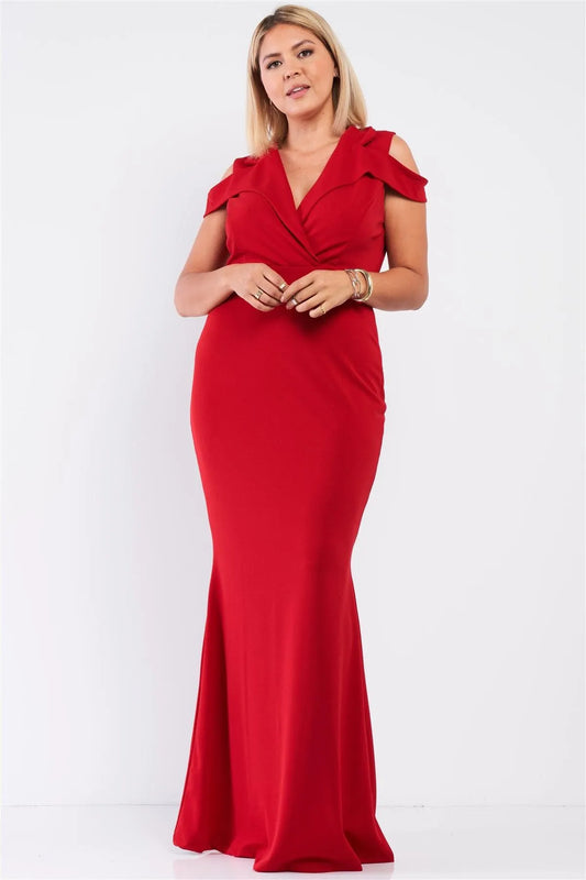 Junior Plus Red Sleeveless Collared Plunging V-Neck Maxi Dress /1-1-1 - Tasha Apparel Wholesale