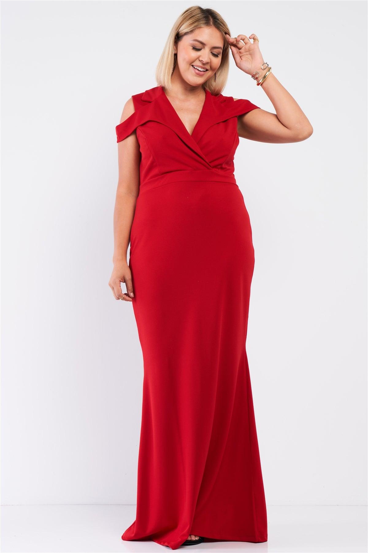 Junior Plus Red Sleeveless Collared Plunging V-Neck Maxi Dress /1-1-1