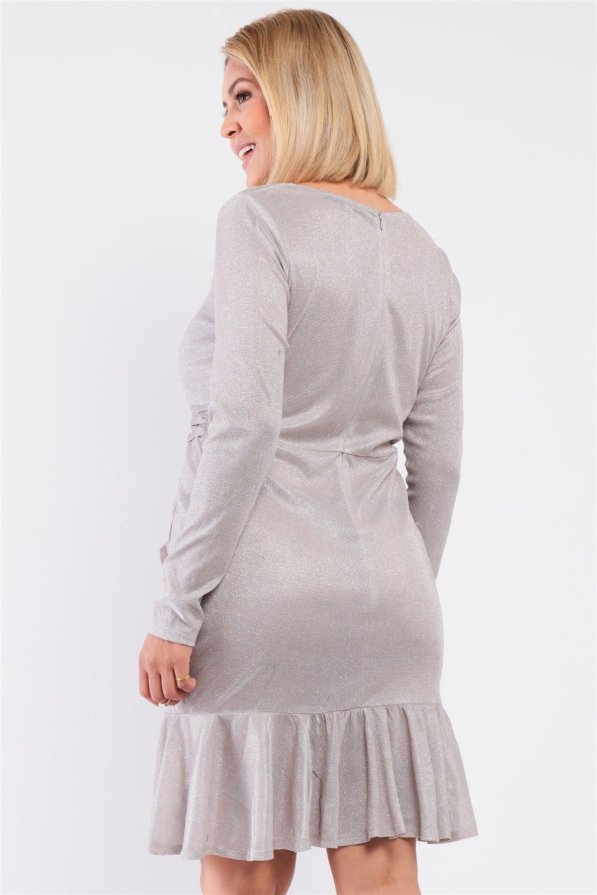 Junior Plus Pink Silver Long Sleeve V-neck Asymmetrical Wrap Flare Hem Belt Detail Oval Rhinestone Buckle Mini Dress /1-1-1