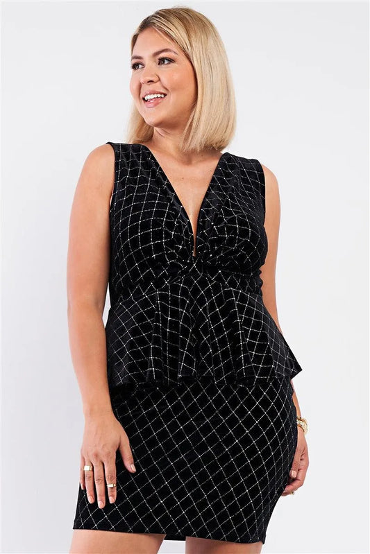 Junior Plus Black Quilted Glitter Print Sleeveless Bow Gathered Plunging V-Neck Flare Hem Fitted Mini Dress /1-1-1 - Tasha Apparel Wholesale