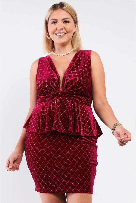 Junior Plus Burgundy Quilted Glitter Print Sleeveless Bow Gathered Plunging V-Neck Flare Hem Fitted Mini Dress /1-1-1 - Tasha Apparel Wholesale