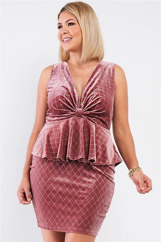 Junior Plus Blush Pink Quilted Glitter Print Sleeveless Bow Gathered Plunging V-Neck Flare Hem Fitted Mini Dress /1-1 - Tasha Apparel Wholesale